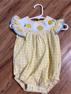 Lil Cactus Yellow Gingham Lemon Smocked Baby Romper with Blue Pom Trim 3-6 Mos